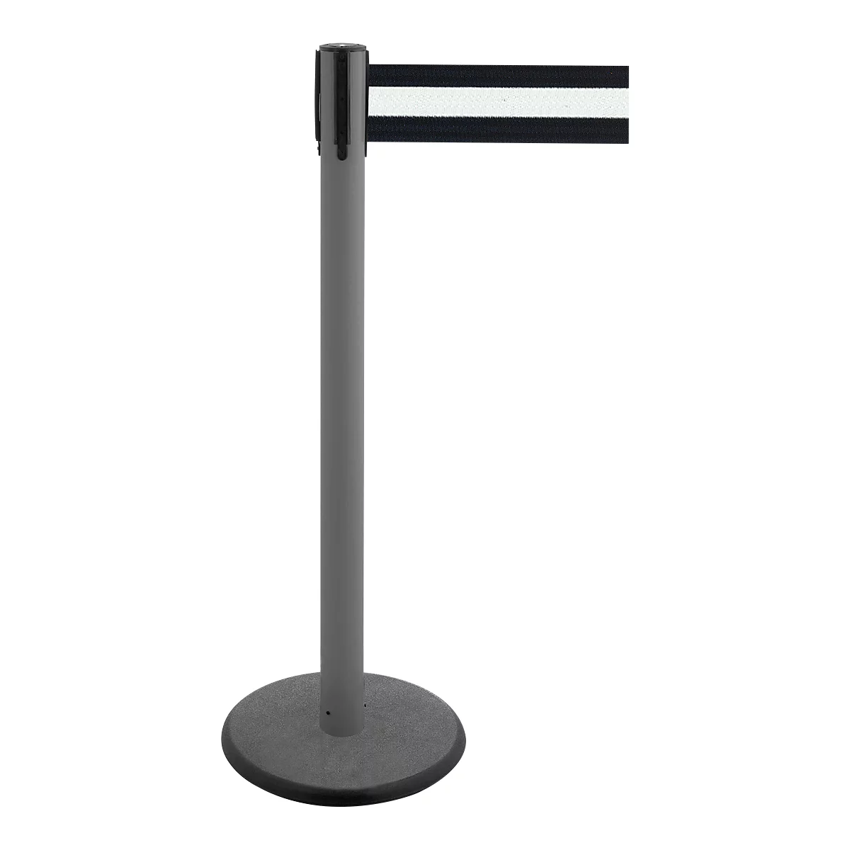 Grey stanchion with a black band with a white stripe.