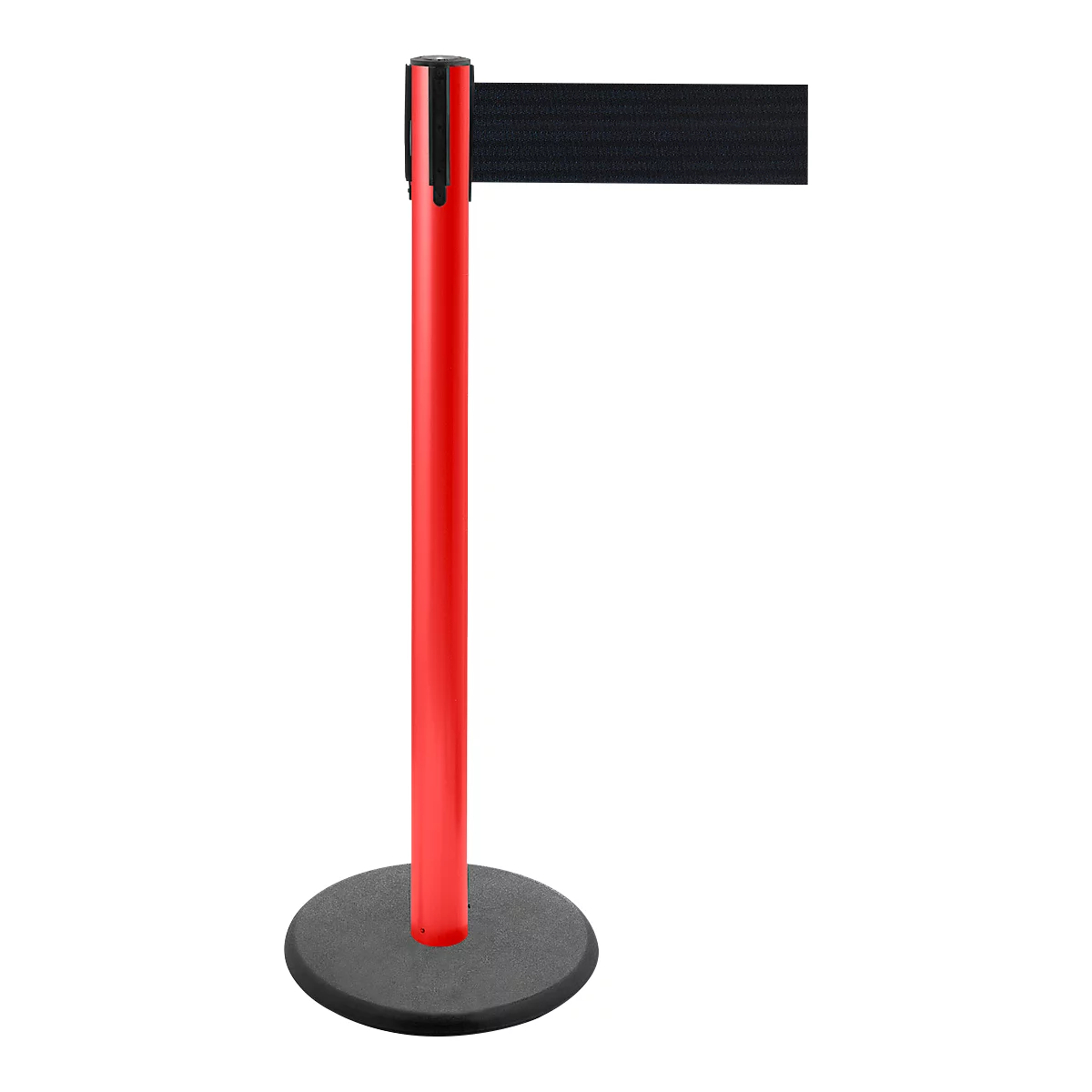 Red stanchion with black belt, cordoning off an area. Black base. White background.