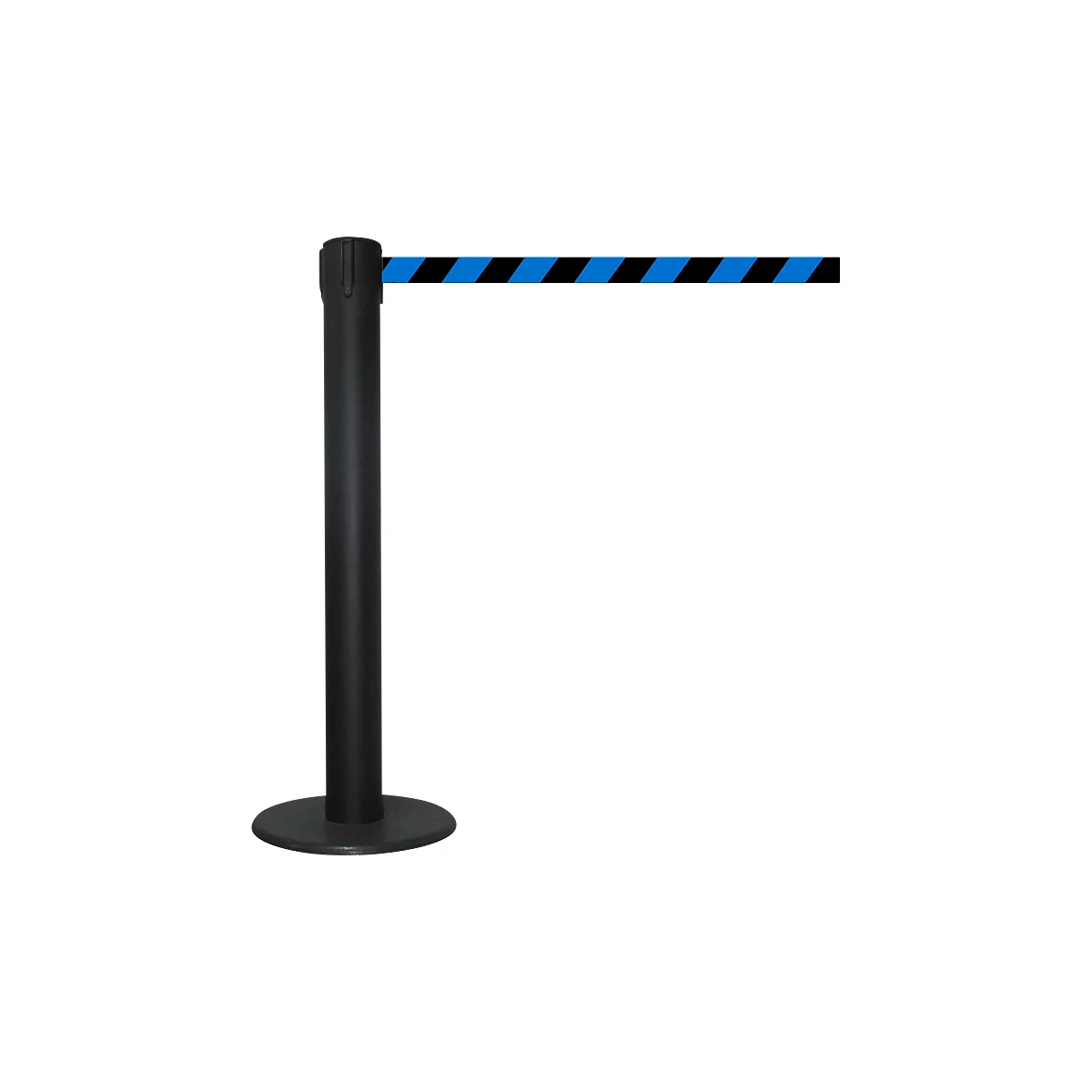 Black barrier post with a blue and black striped belt, isolated on a white background.