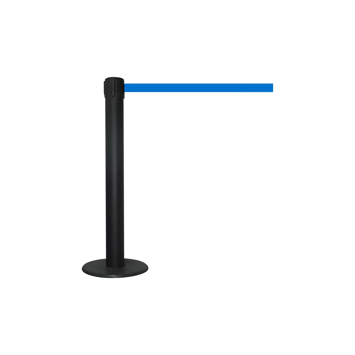 A black stanchion with a blue belt against a white background.