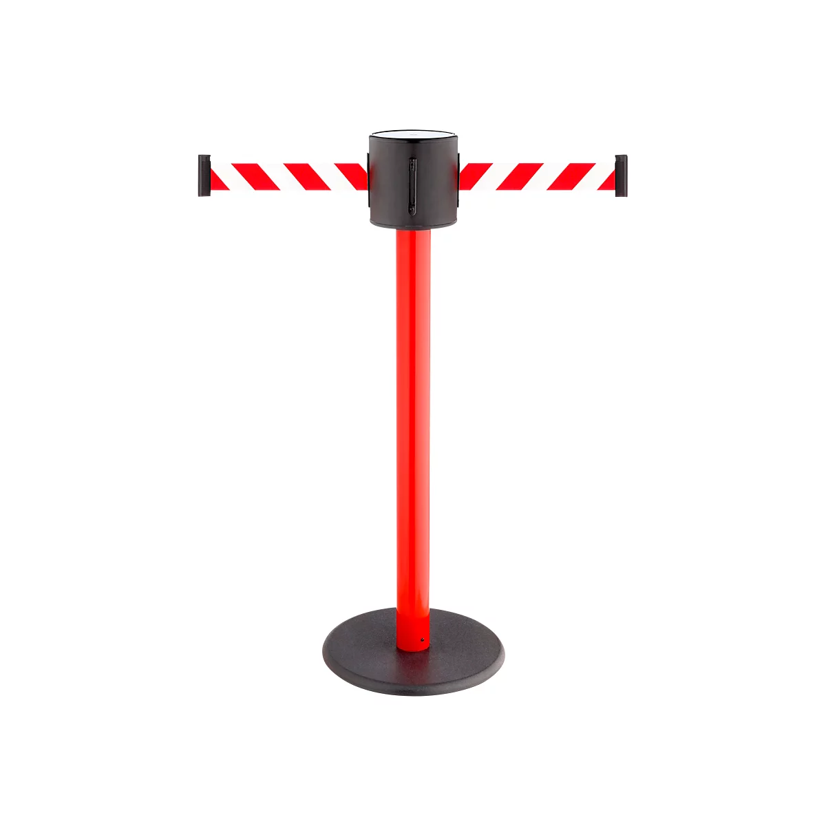 Red barrier post with black and white striped strap. Black base and top.