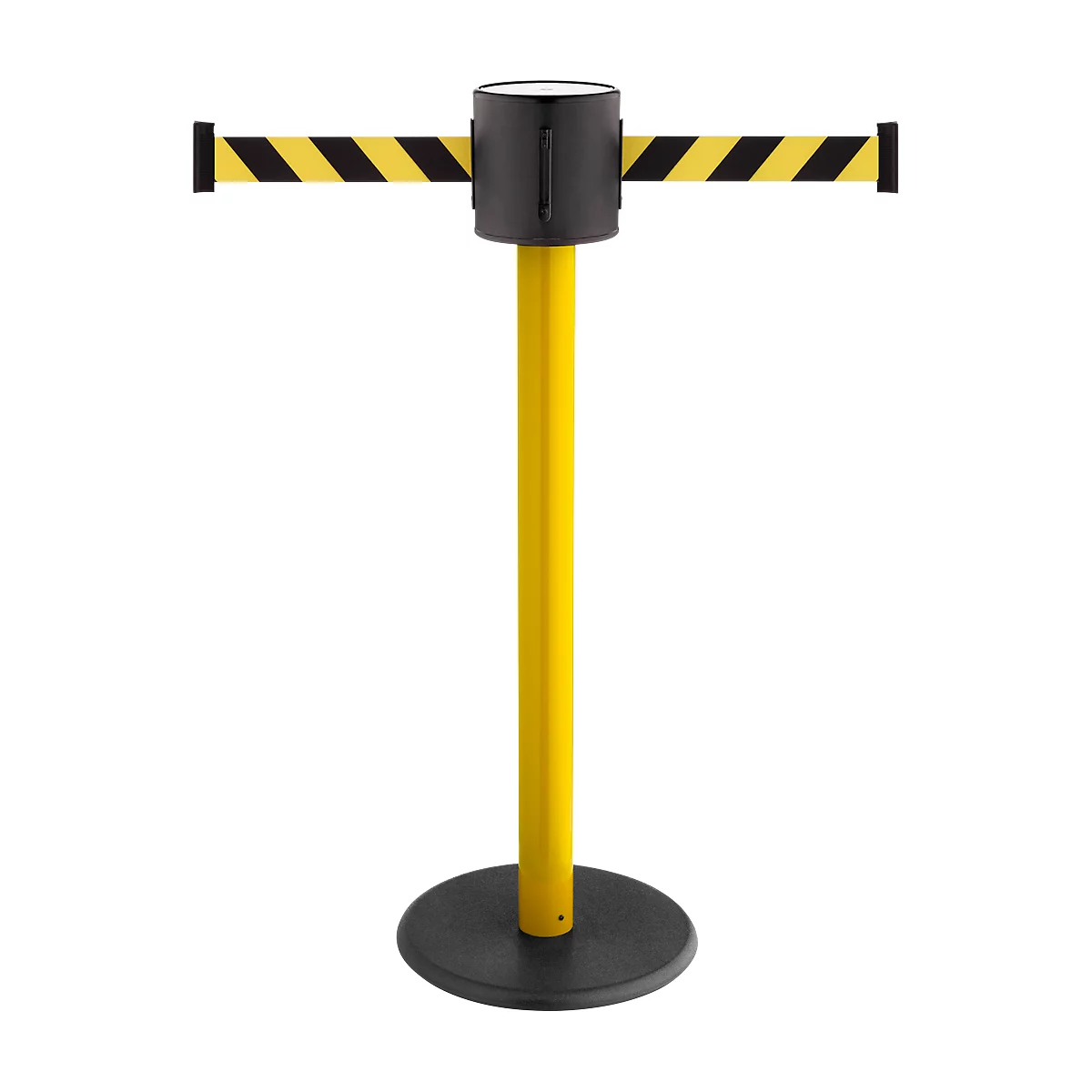 Yellow and black retractable belt stanchion. The stanchion has a round black base, a yellow pole, and a black head with the belt outlet.