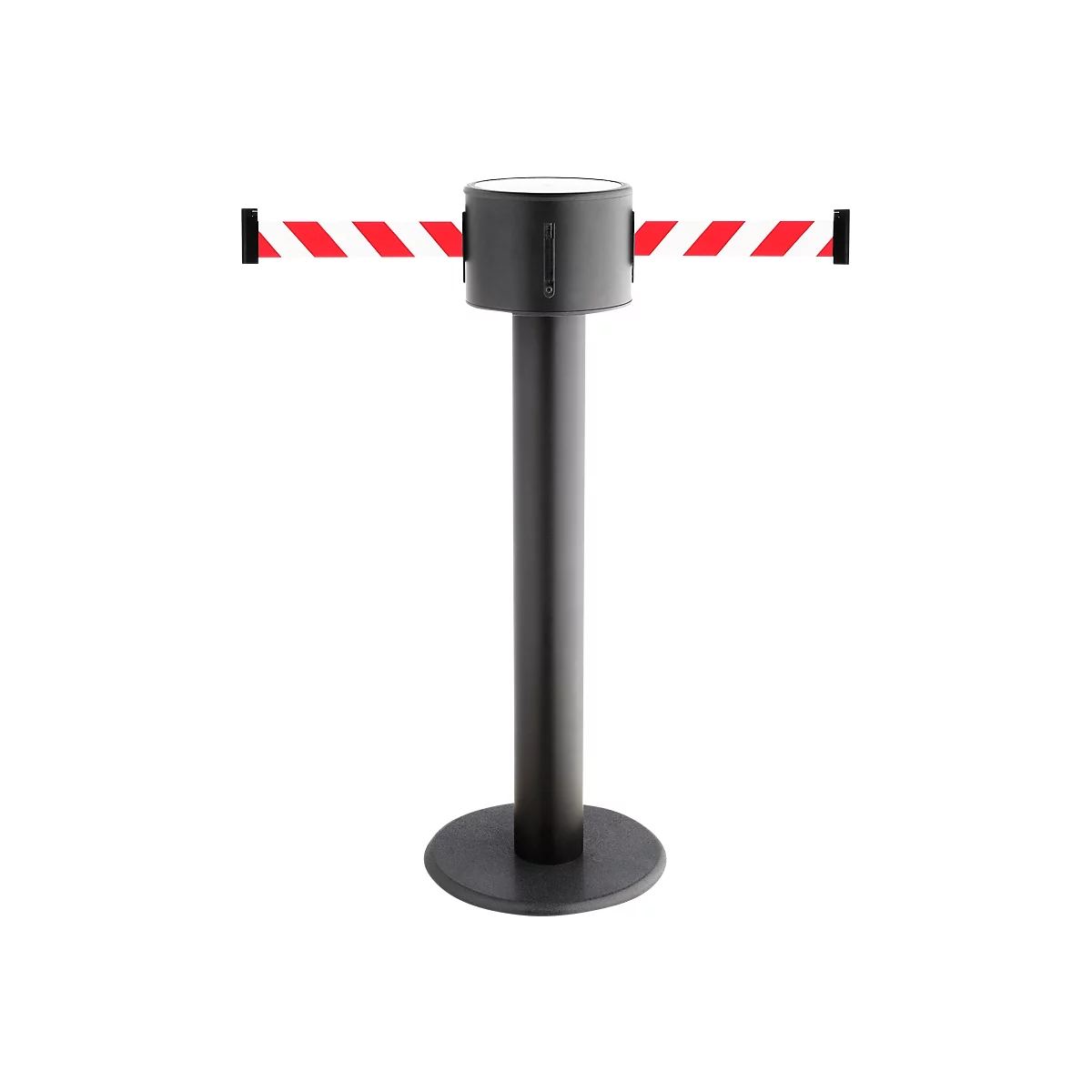 Black barrier with a red and white striped band, for crowd control systems.