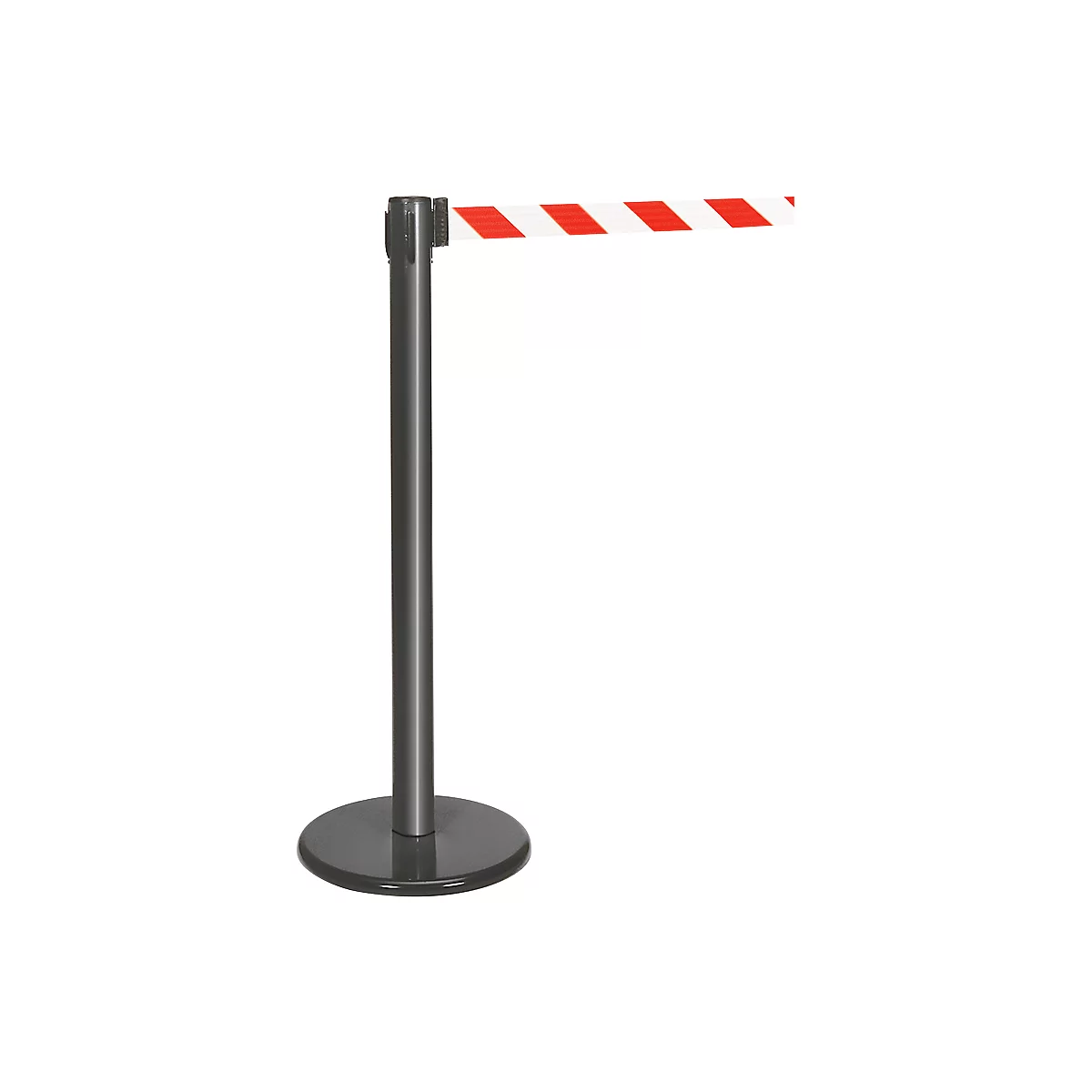 Black stanchion with red and white striped barrier tape. On a white background.