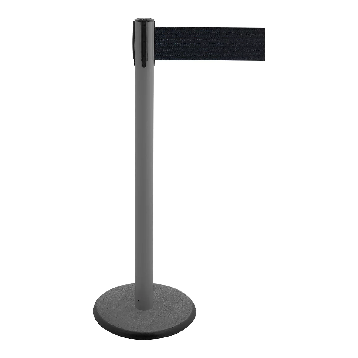 Gray stanchion with black strap, on white background.