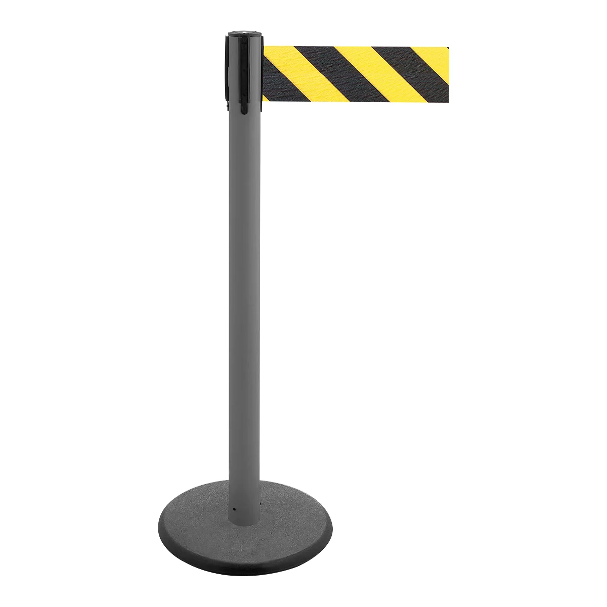 Gray bollard with black and yellow striped barrier tape. The bollard has a round base and a black top.