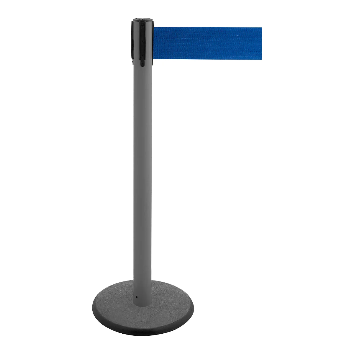 Grey post with blue tape for barrier. A black head is attached to the top of the post. The post stands on a round, grey base.