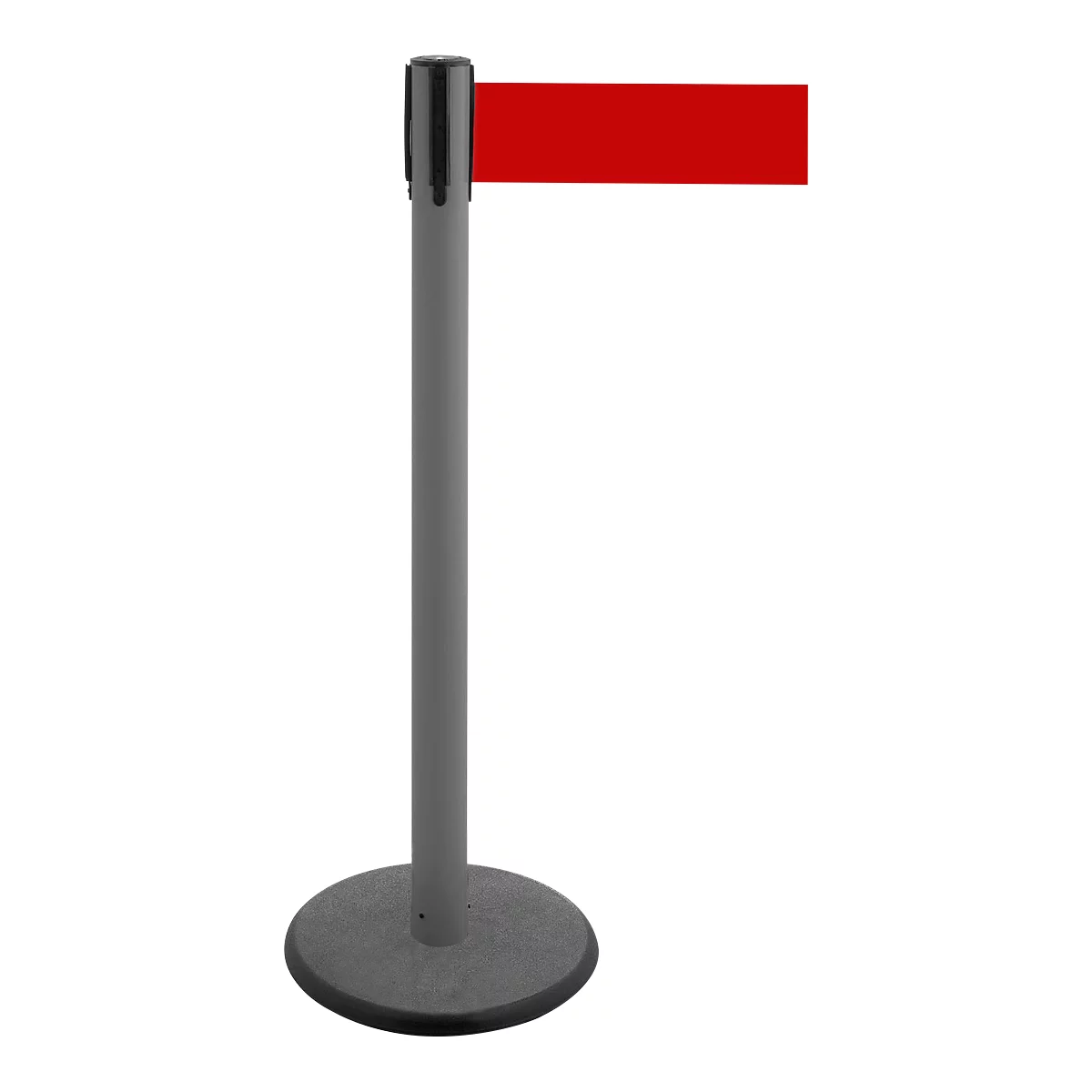 Grey stanchion with a red band stretched horizontally.