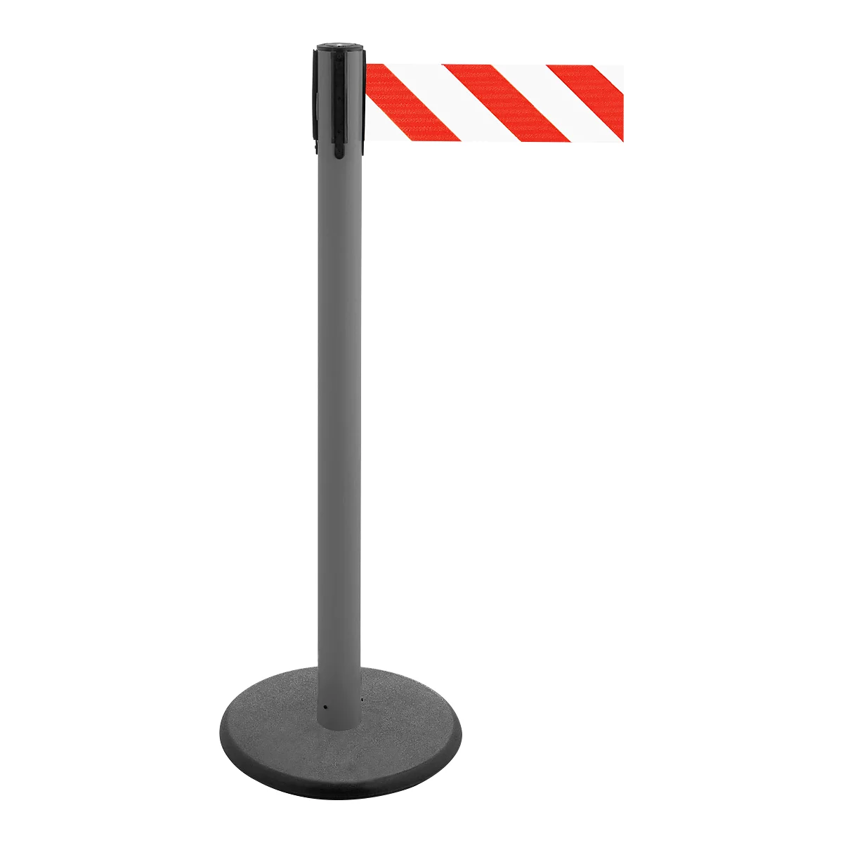 Gray barrier post with red and white striped tape. Black head.