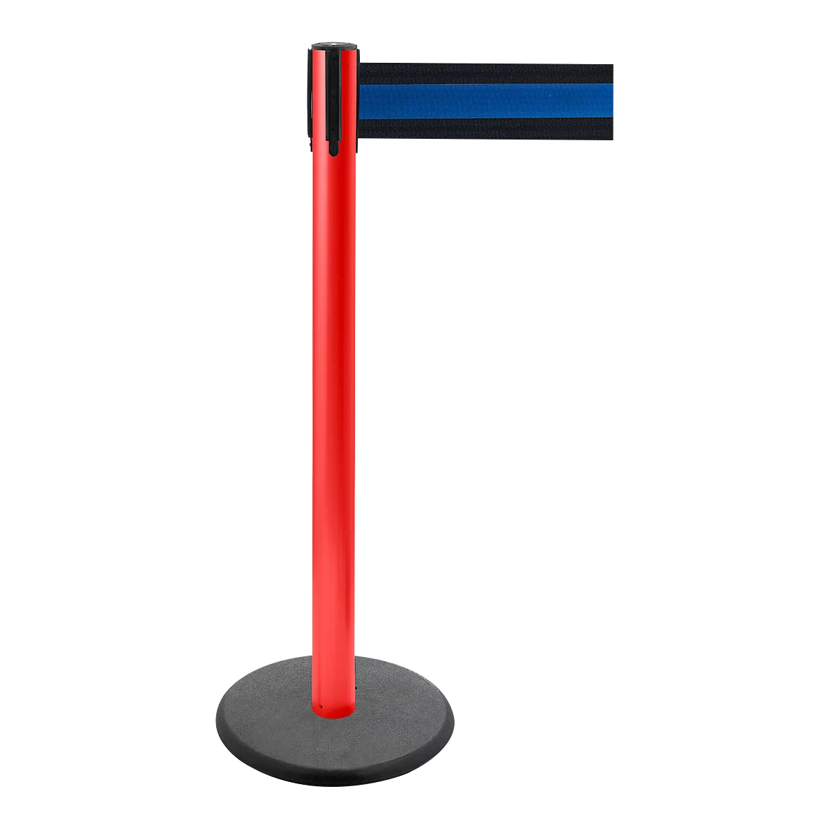 Red barrier post with gray base and blue band.