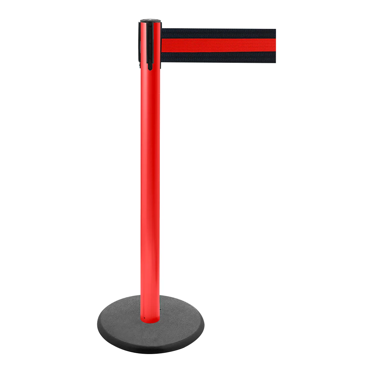Red stanchion with black band and black base. The band is red and black striped.