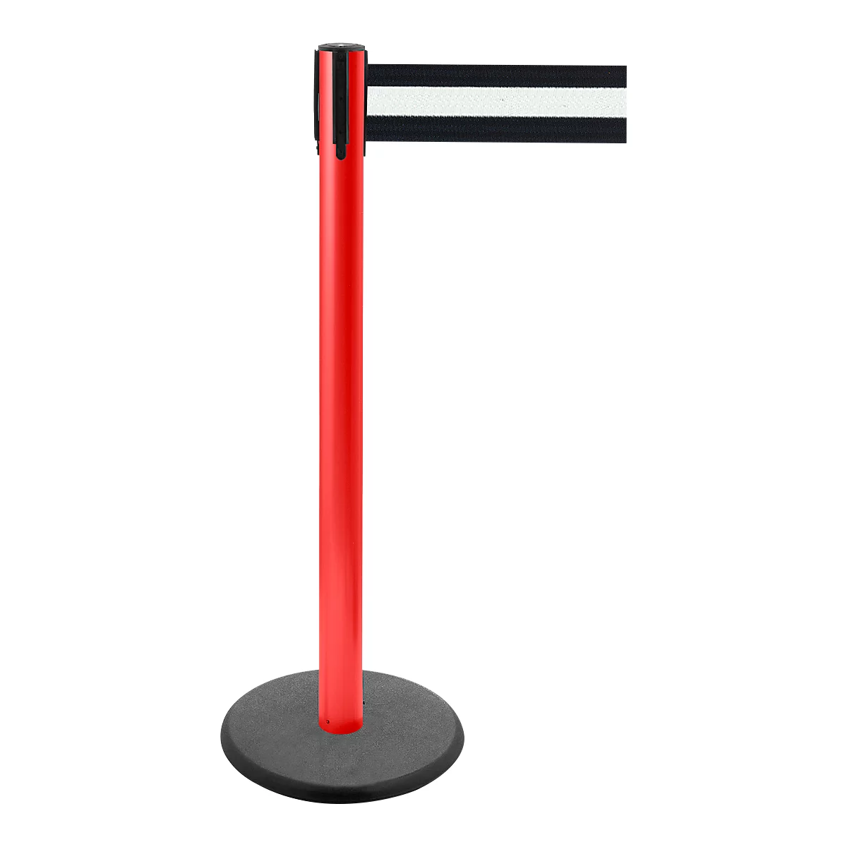 Red stanchion with retractable black and white striped band. Black base.