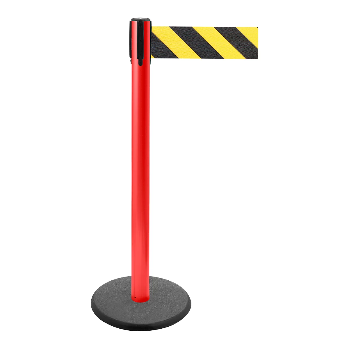 Red stanchion with a black and yellow striped barrier tape. On a dark, round base, tape extended.