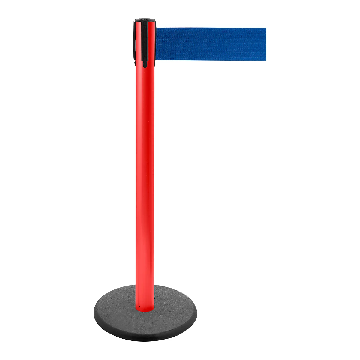 Red stanchion with blue belt, white background. Gray, round base.