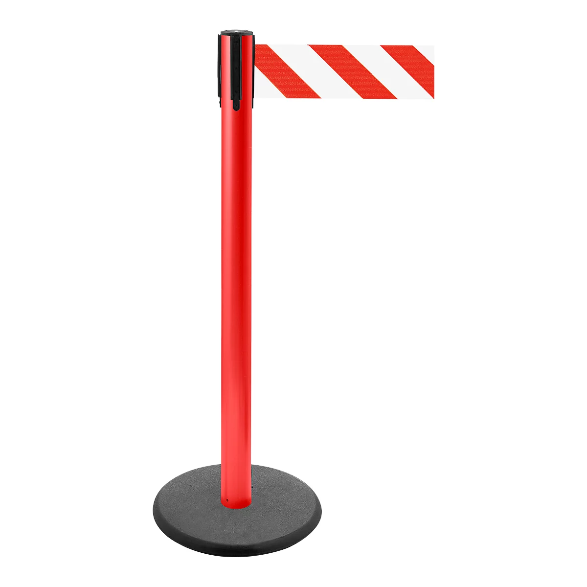 Red stanchion with a red and white striped belt, black head and round base, against a white background.