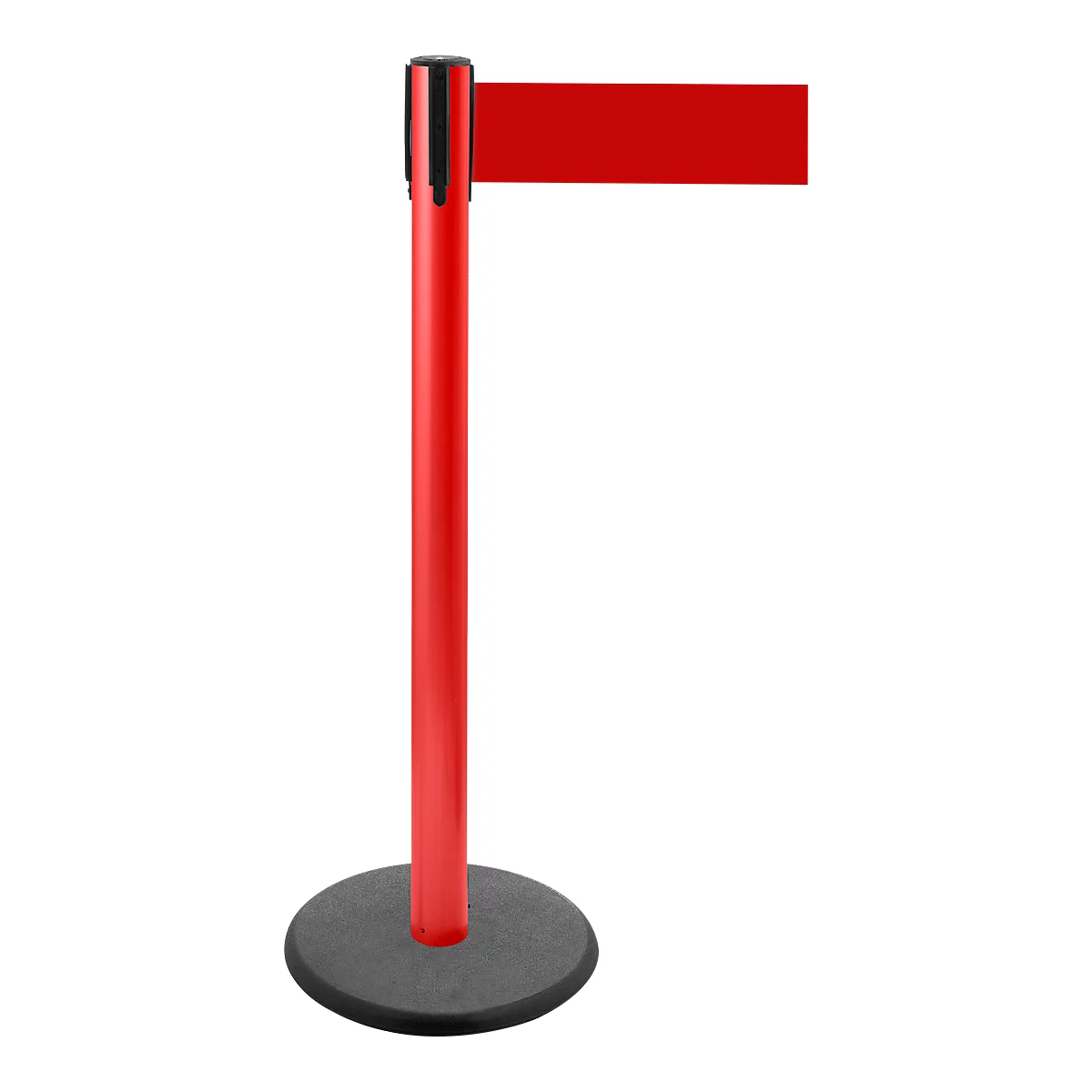 Red stanchion with red belt, black head and grey foot on white background.