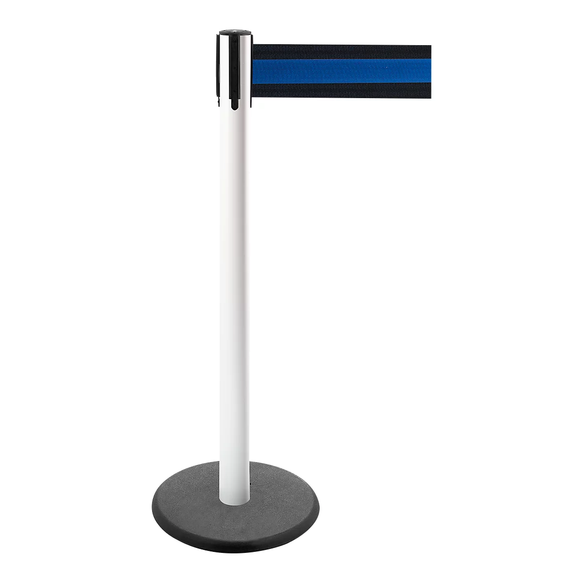 Stanchion with blue-black band, white pillar, and gray base.
