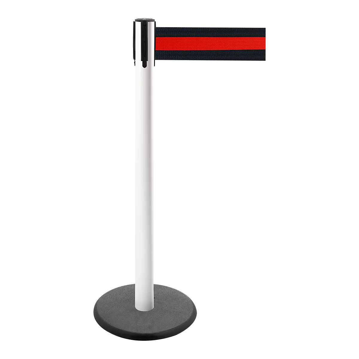 Queue barrier with black and red band against a white background. The post is white, the base gray.