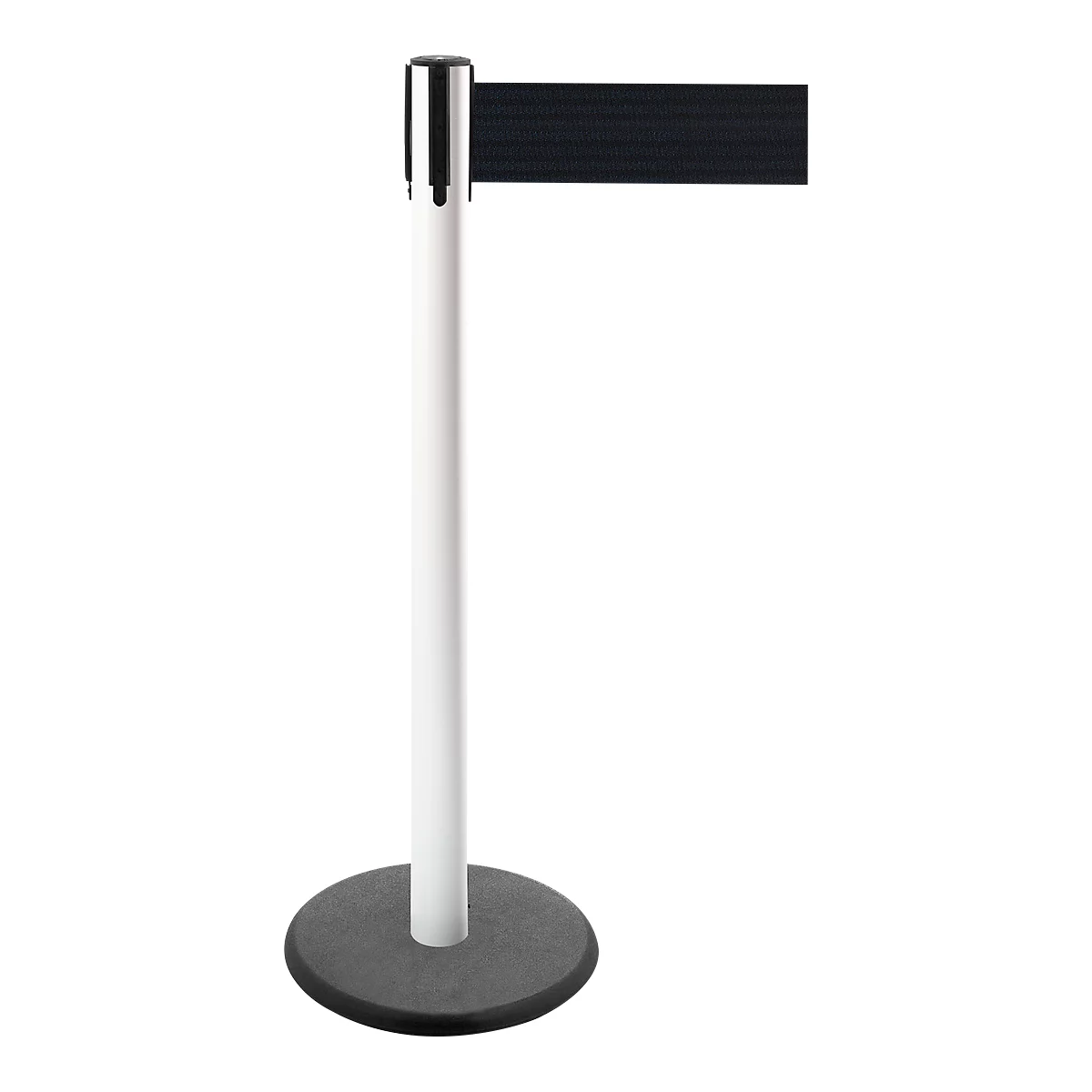 A stanchion with retractable black band mounted on a white column shaft, stands against white background.