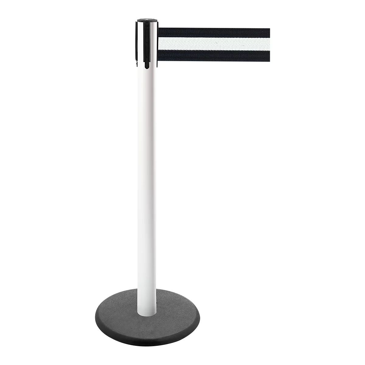 Queue barrier with retractable black and white striped belt.