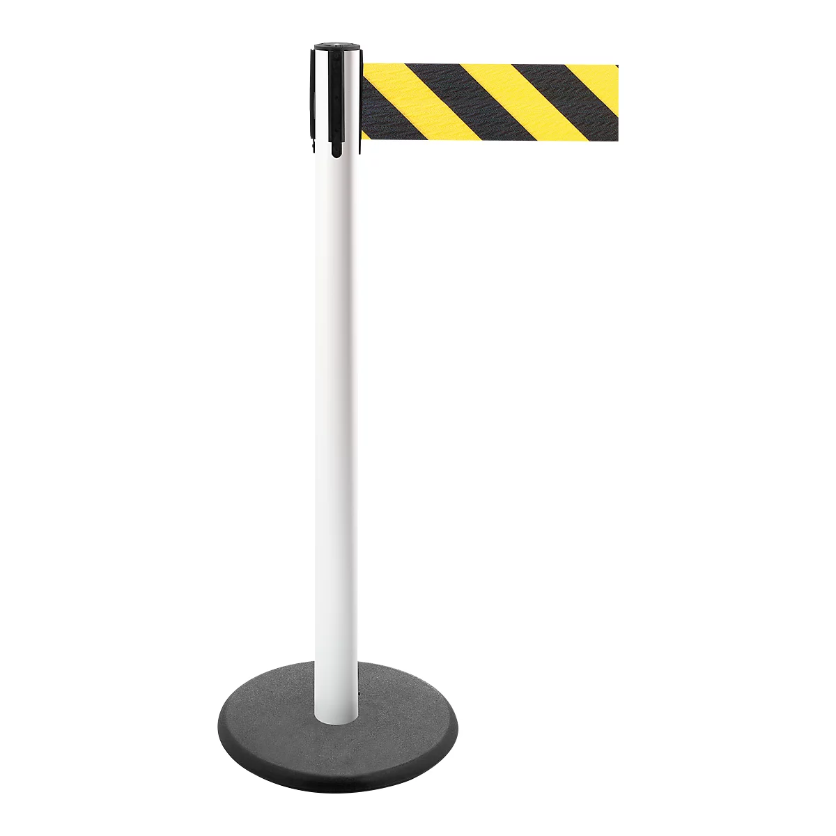 White queue post with a black base and a yellow and black striped barrier tape.