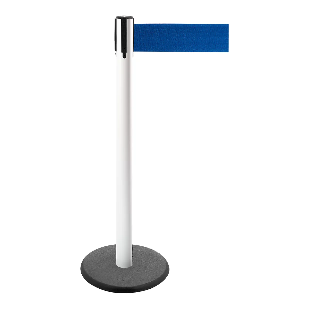 Barrier post with blue band, white column and black base.