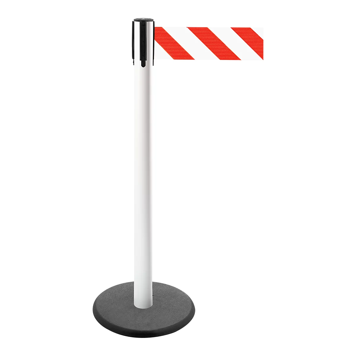 A white post with black head and red and white striped barrier tape. The post is on a black, round base.