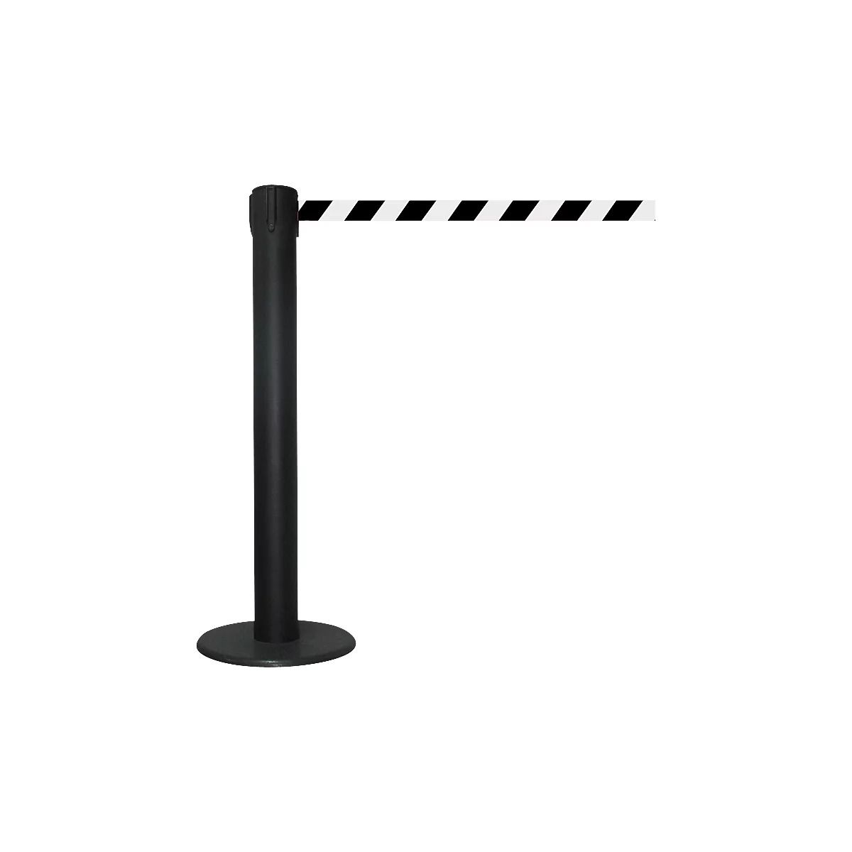 Black and white barrier cord held by a black post.