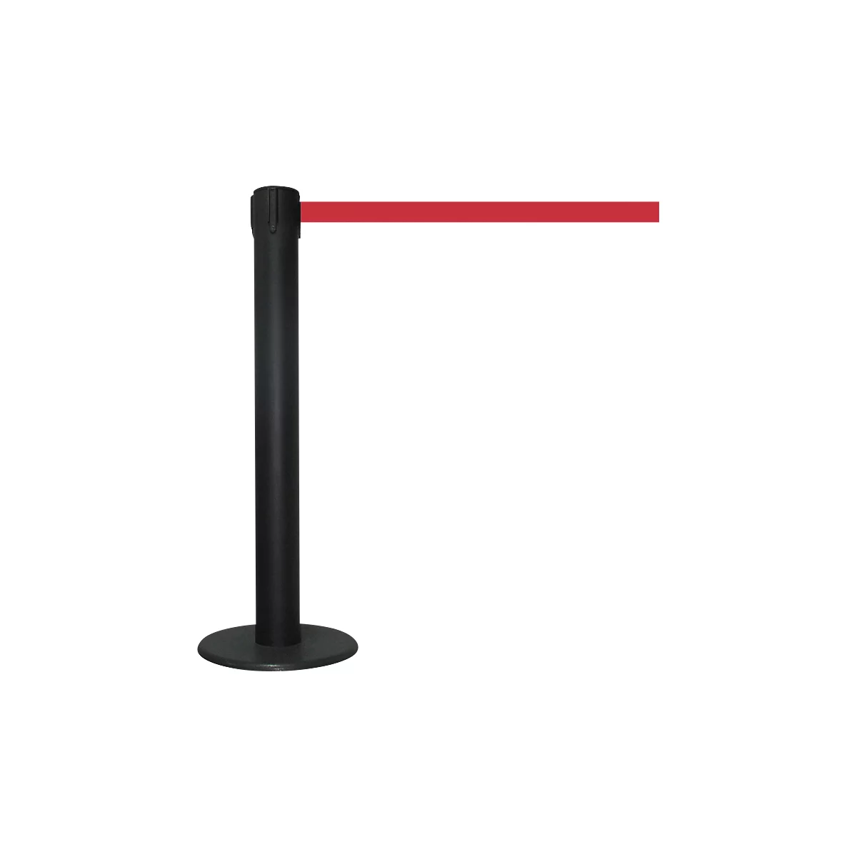 Black stanchion with red belt, on a white background.