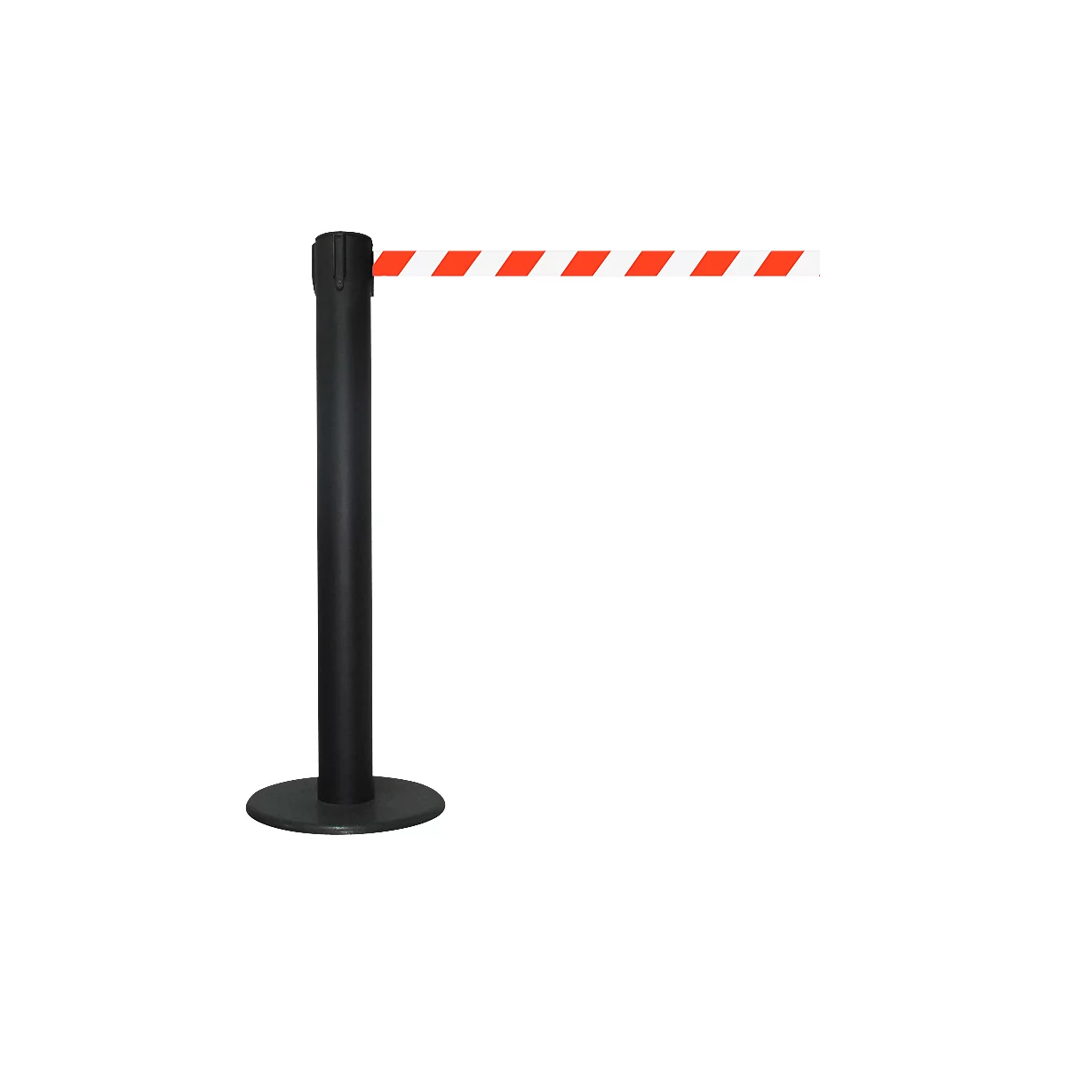 Black barrier with a red and white striped barrier cord against a white background.