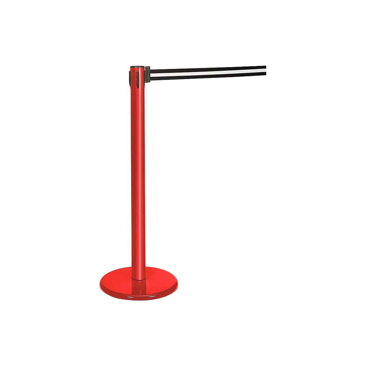 A red stanchion with a black and white stripe band. The band is attached to another stanchion.