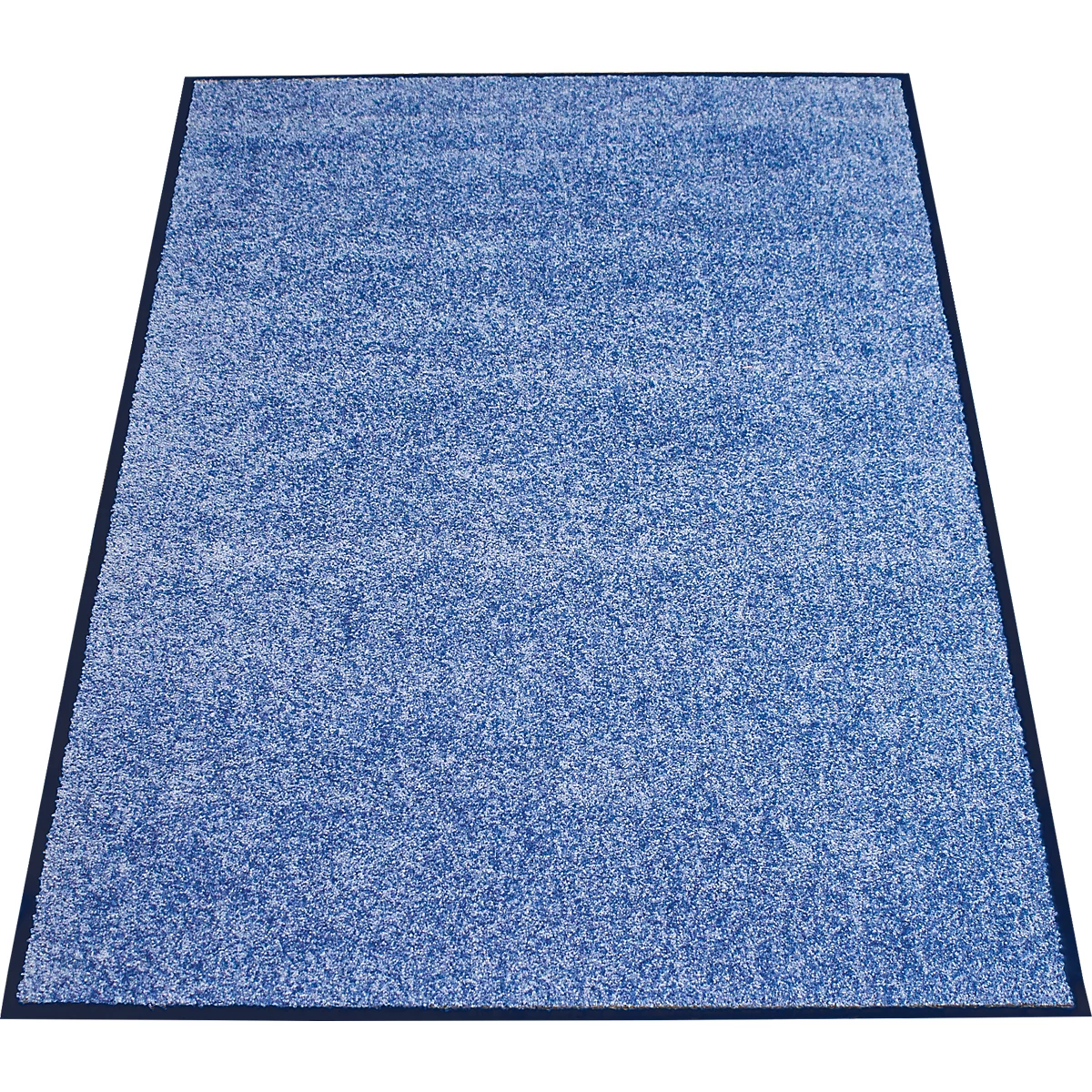 Tapis rectangulaire bleu foncé avec un motif noir chiné et une bordure noire.