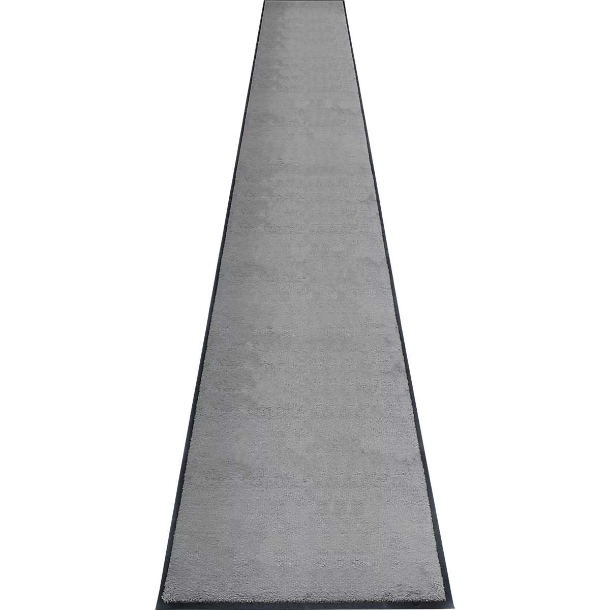Un tapis gris rectangulaire étroit avec des bordures sombres.