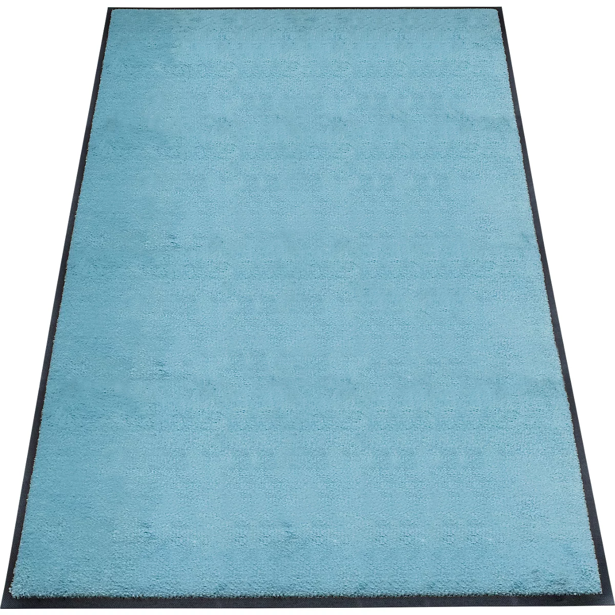 Tapis bleu clair avec bordure noire, légèrement incliné sur fond blanc.