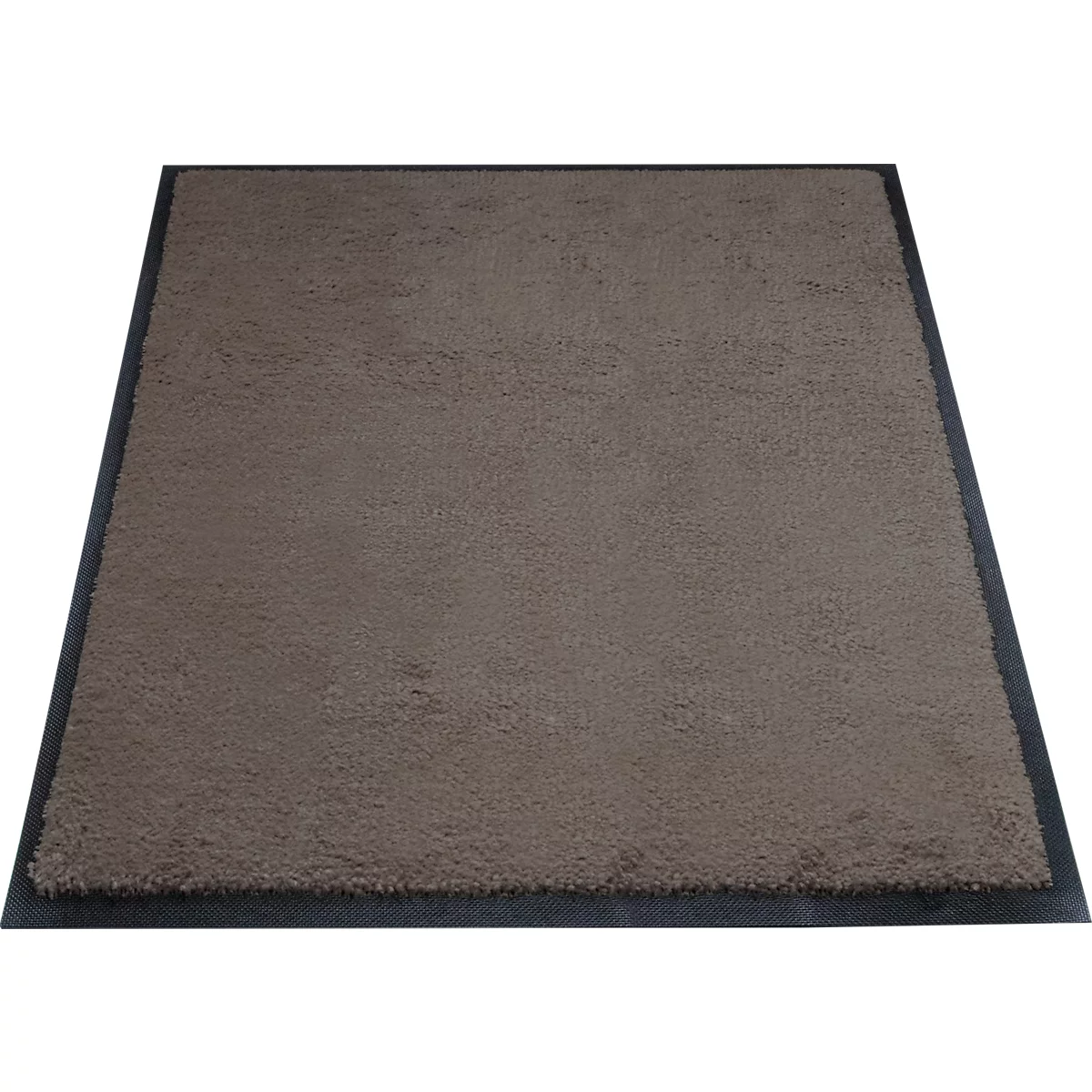 Paillasson rectangulaire marron avec bordure noire. Surface douce et moelleuse.