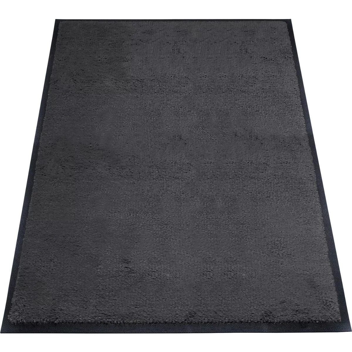 Paillasson gris avec bordure noire. Le rectangle est légèrement en diagonale sur fond blanc.