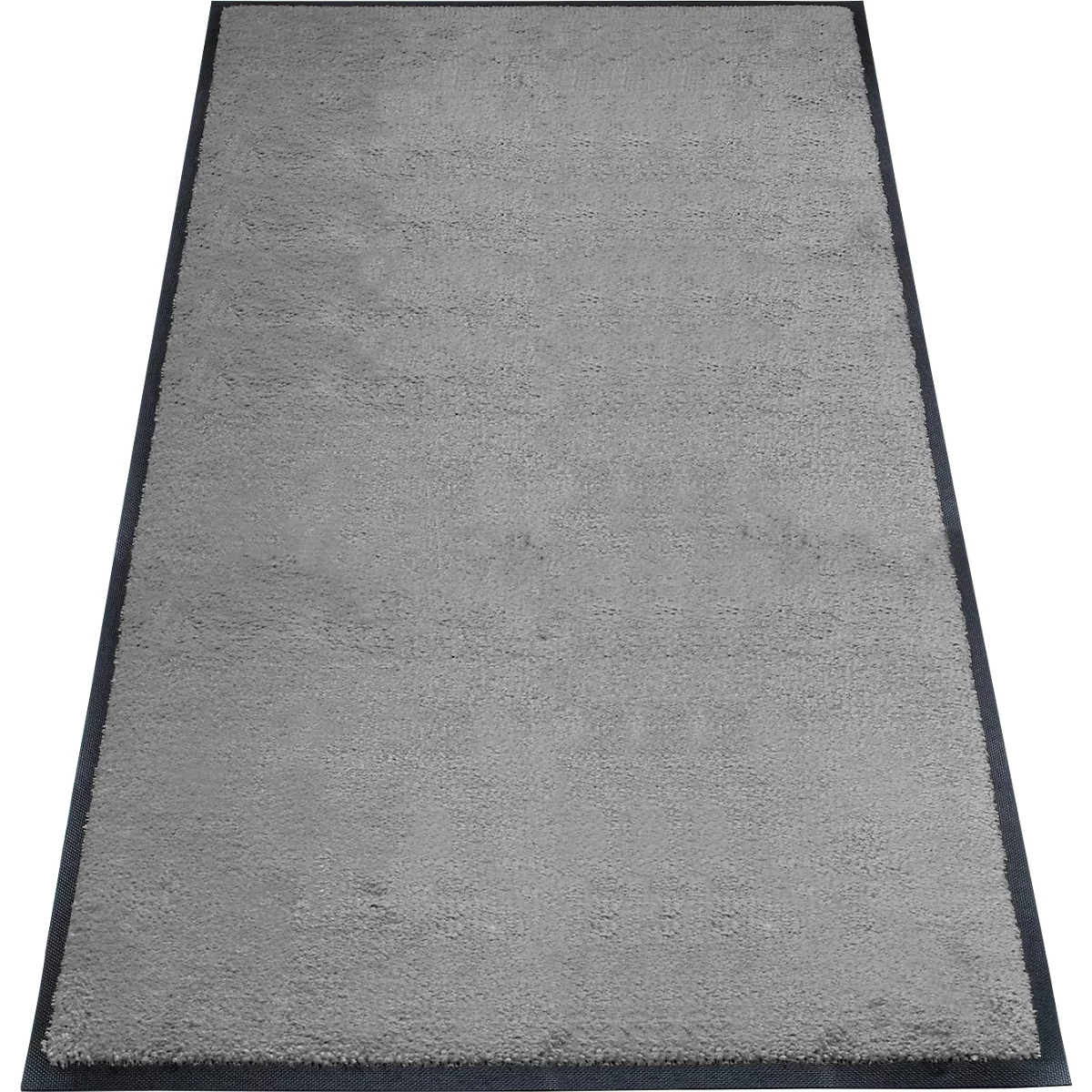 Tapis gris avec bordure gris foncé, rectangulaire.