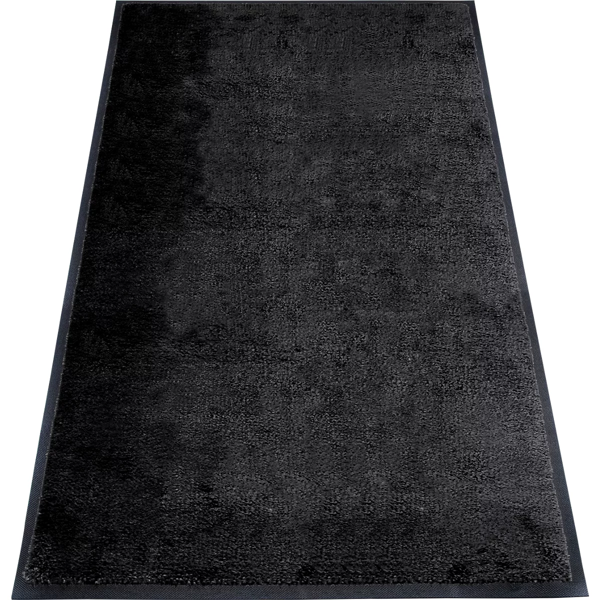 Tapis de porte rectangulaire noir avec une bordure foncée, sur fond blanc.