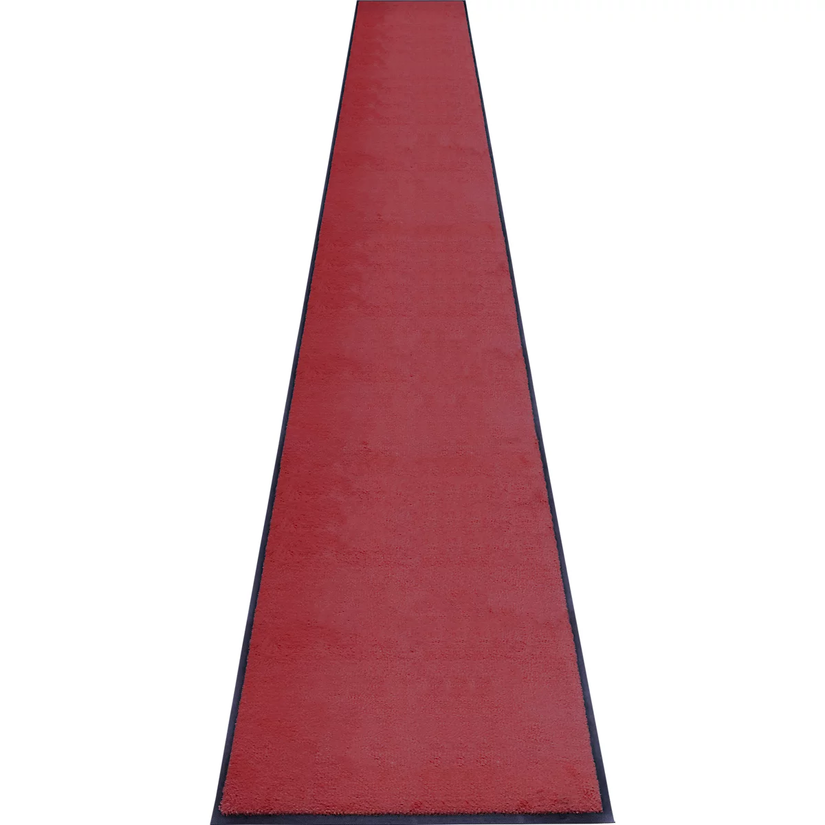 Tapis rouge avec bordure noire, forme oblongue.