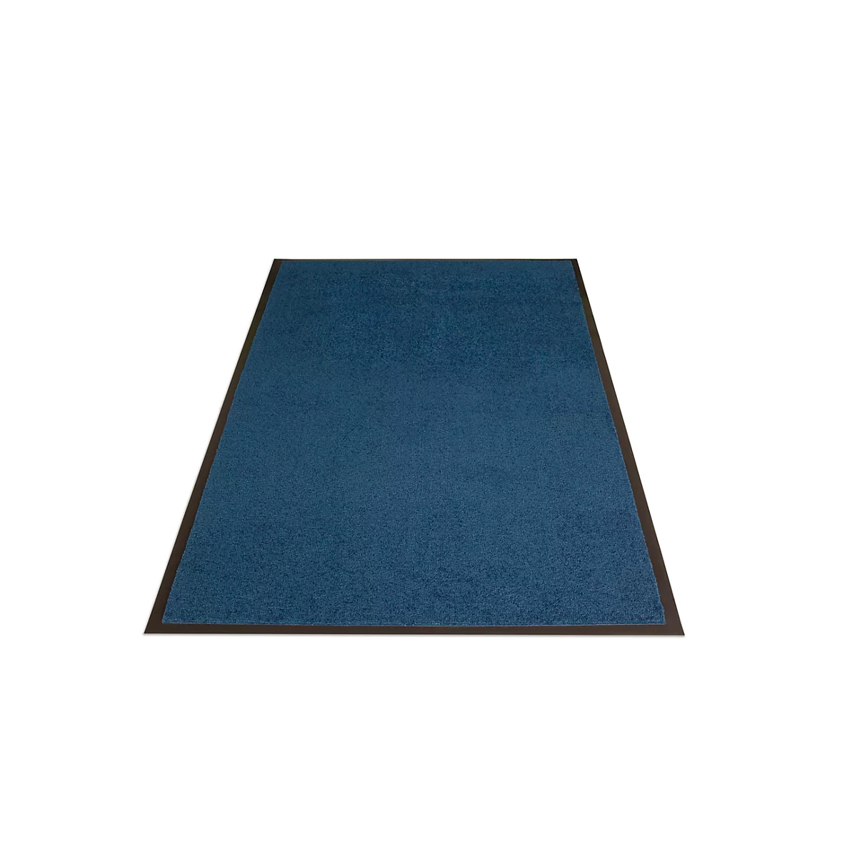 Paillasson rectangulaire bleu avec bordure noire sur fond blanc.
