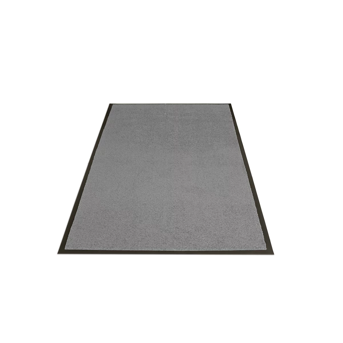 Paillasson rectangulaire gris avec une bordure sombre sur fond blanc.