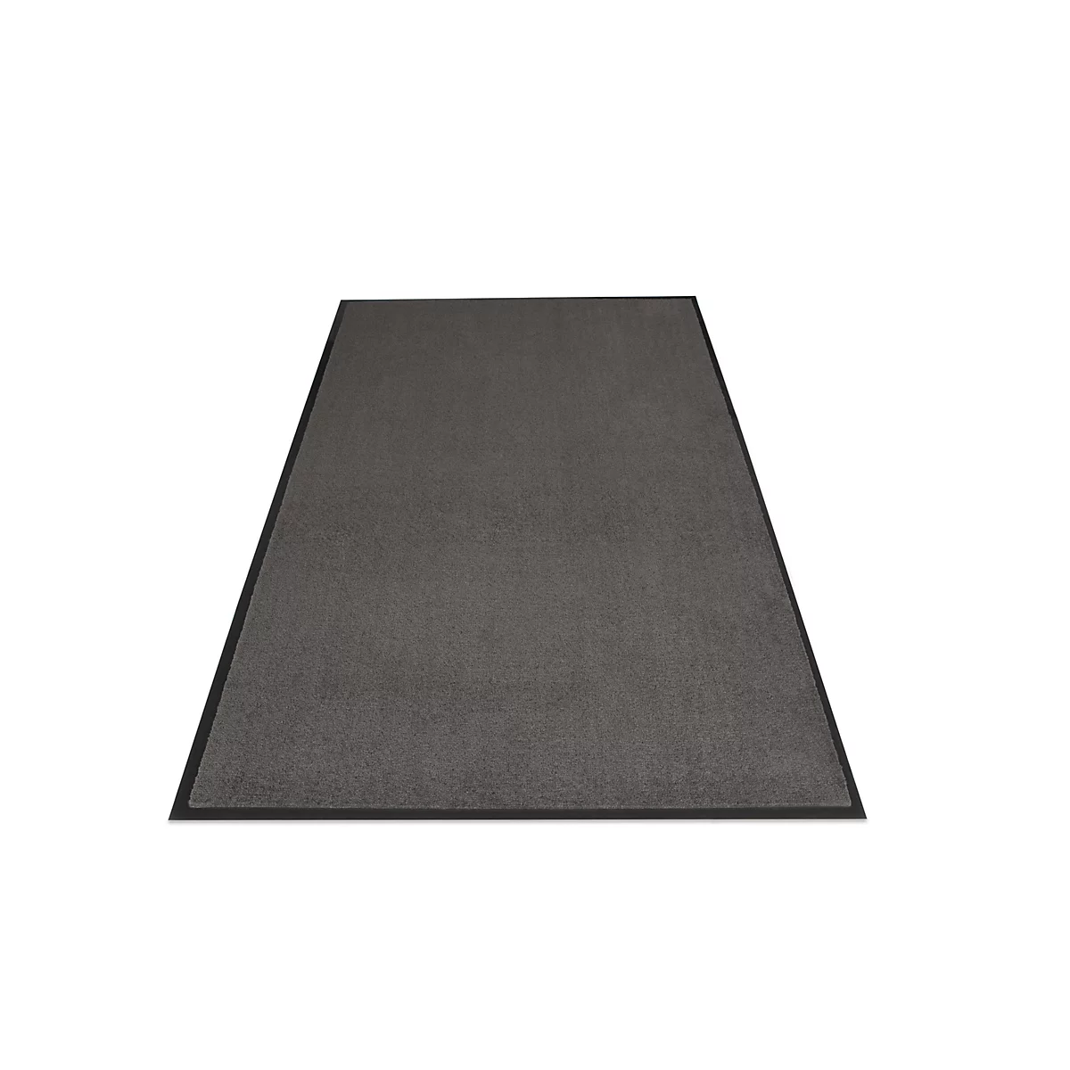 Tapis d'entrée rectangulaire gris foncé avec bordure noire sur fond blanc.