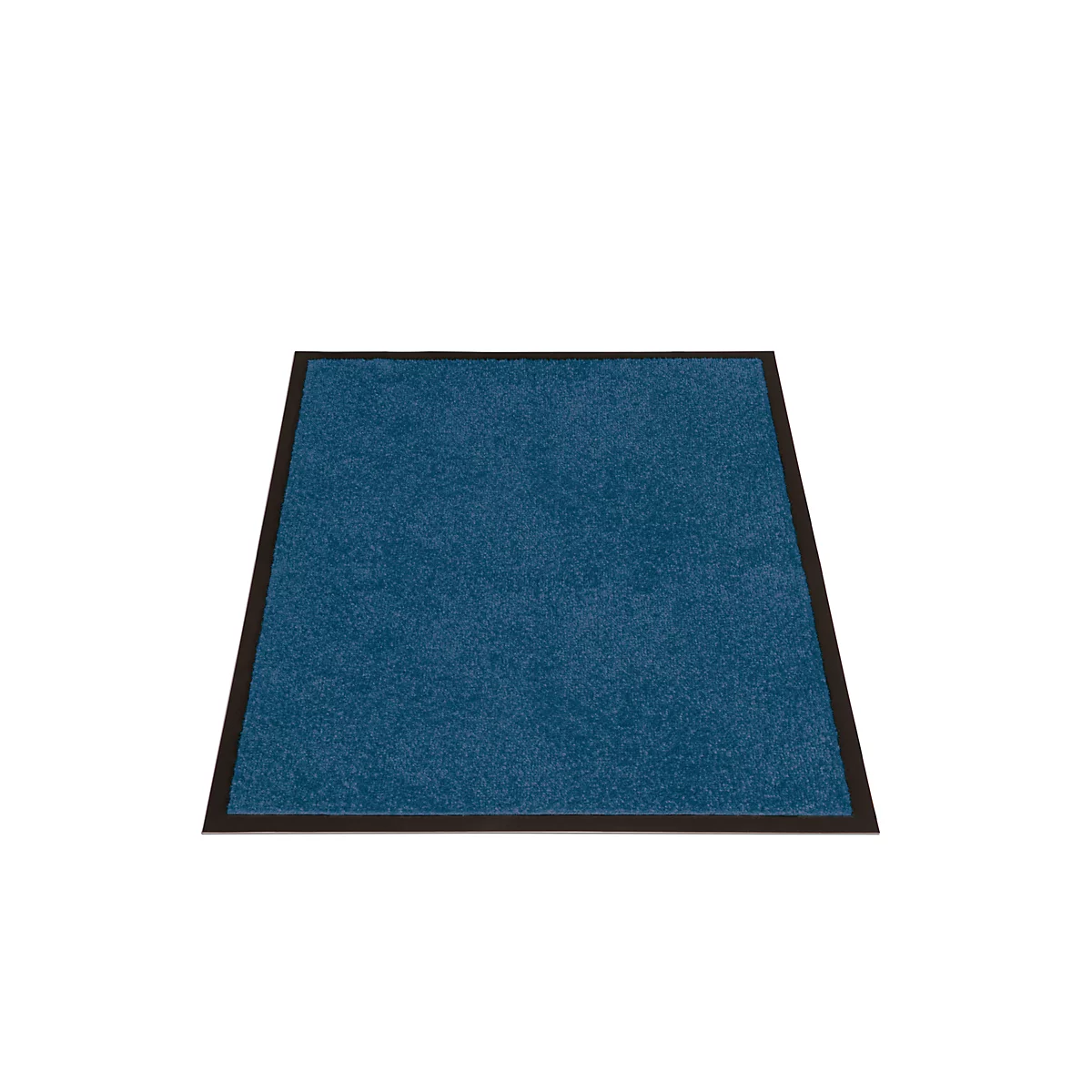 Tapis rectangulaire bleu avec une fine bordure noire sur fond blanc.
