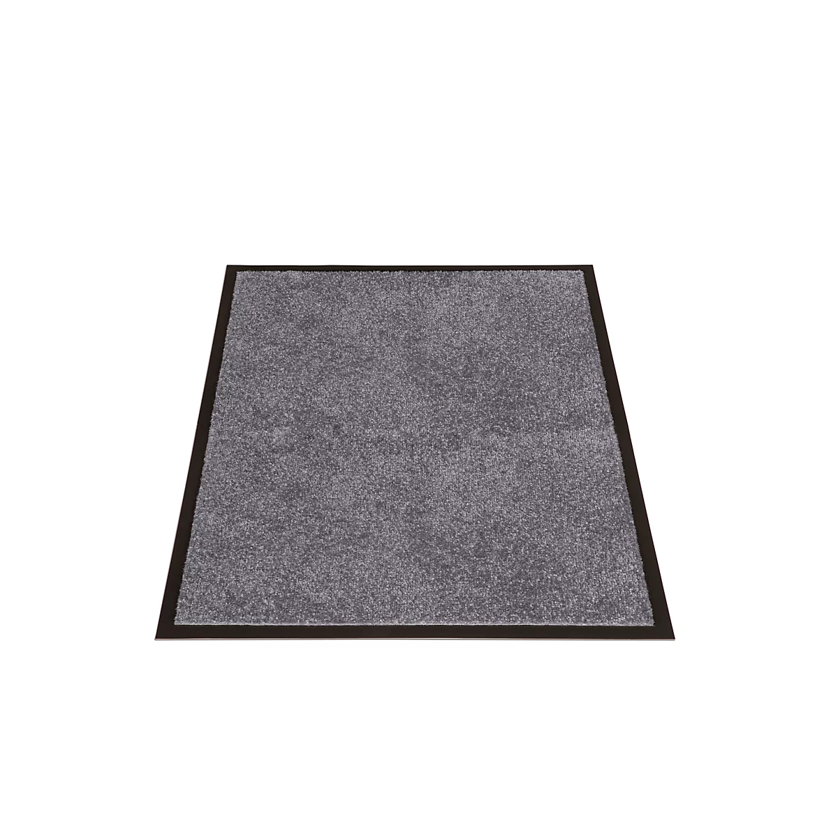 Tapis rectangulaire gris avec une bordure noire sur fond blanc.
