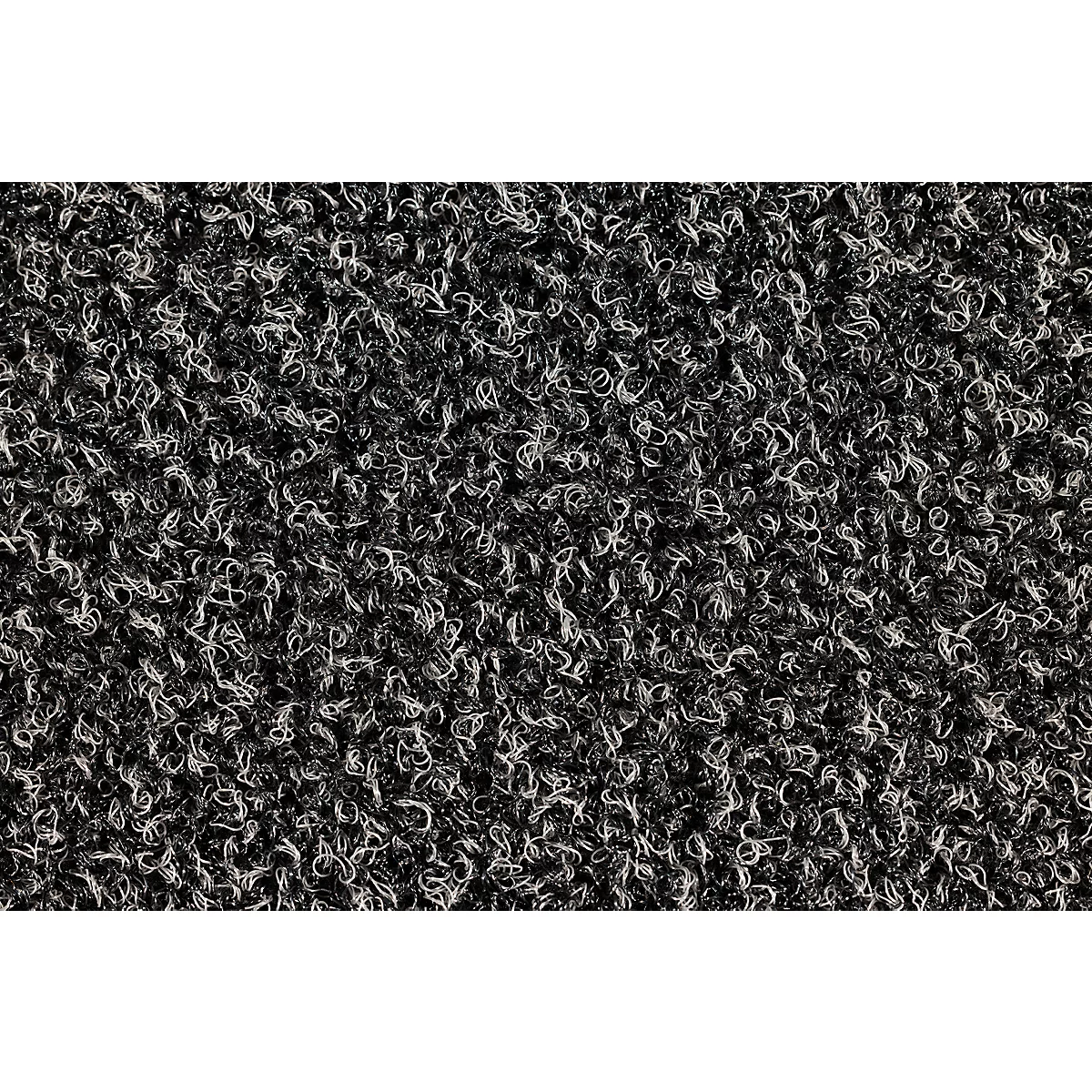 Gros plan sur une moquette anthracite à la texture bouclée et chinée.
