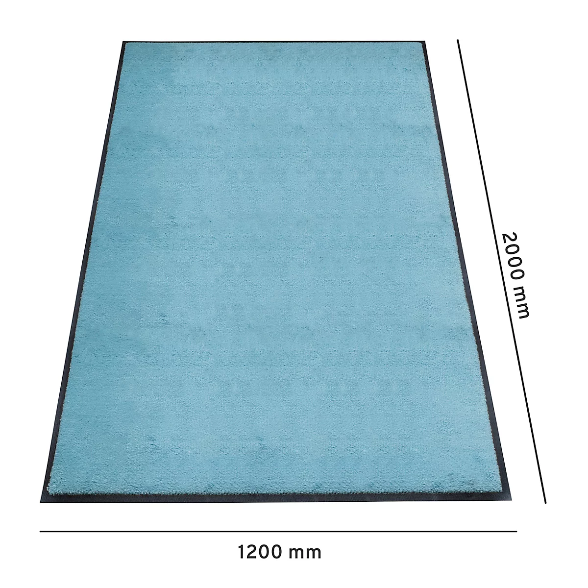 Tapis bleu clair avec bordure noire. Dimensions : 2000 x 1200 mm.