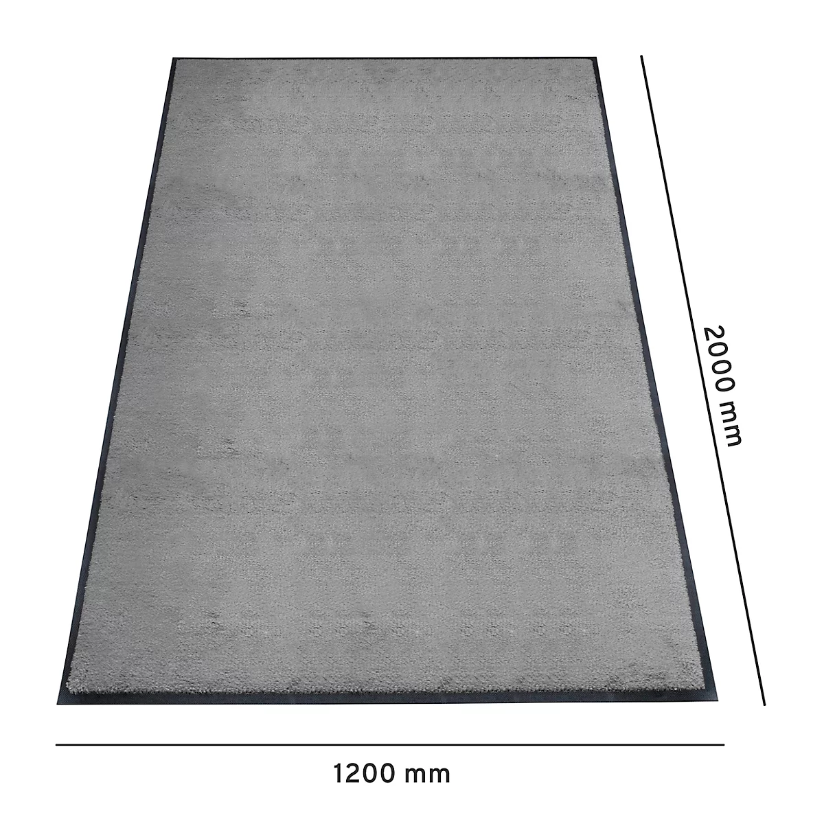 Tapis rectangulaire gris, 1200 x 2000 mm. Bord noir, dimensions indiquées.
