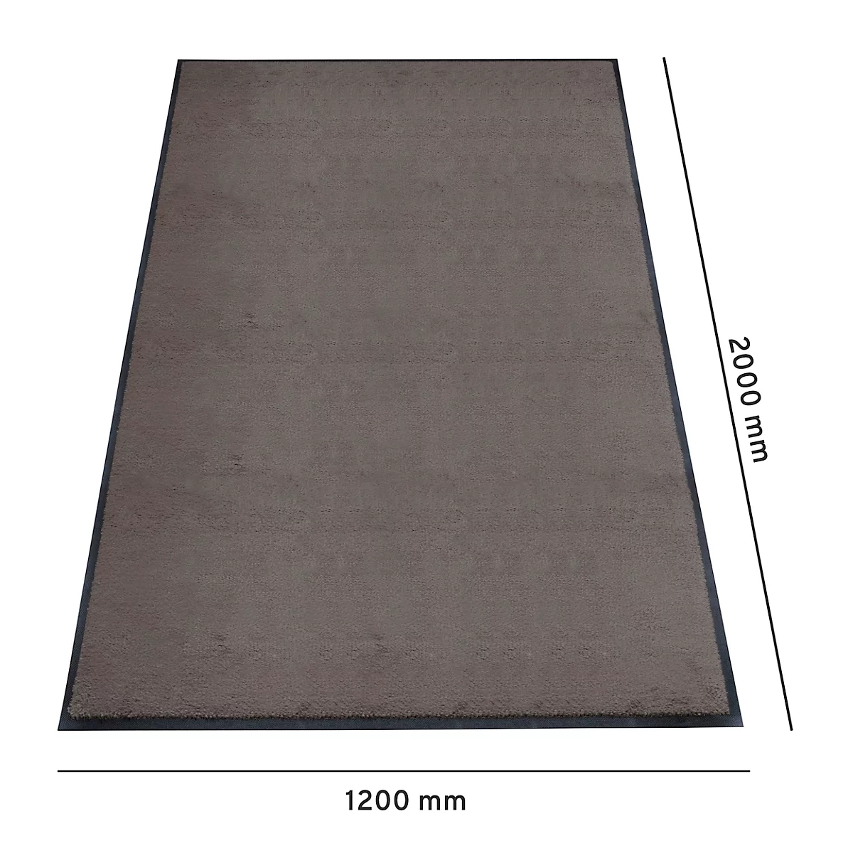 Tapis rectangulaire gris avec bord noir. Dimensions : 2000 mm x 1200 mm.