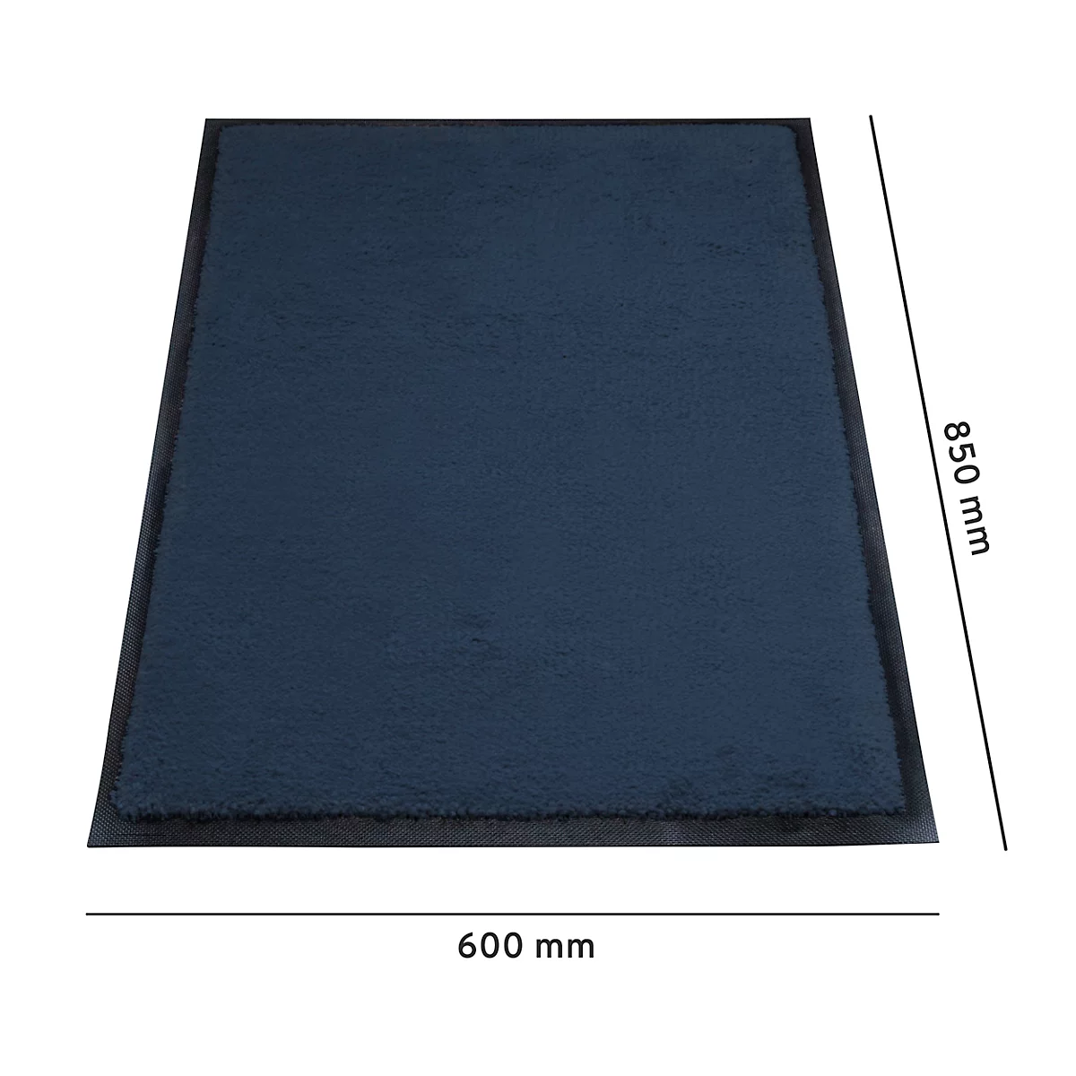 Tapis bleu foncé avec bords noirs, dimensions 600 x 850 mm.