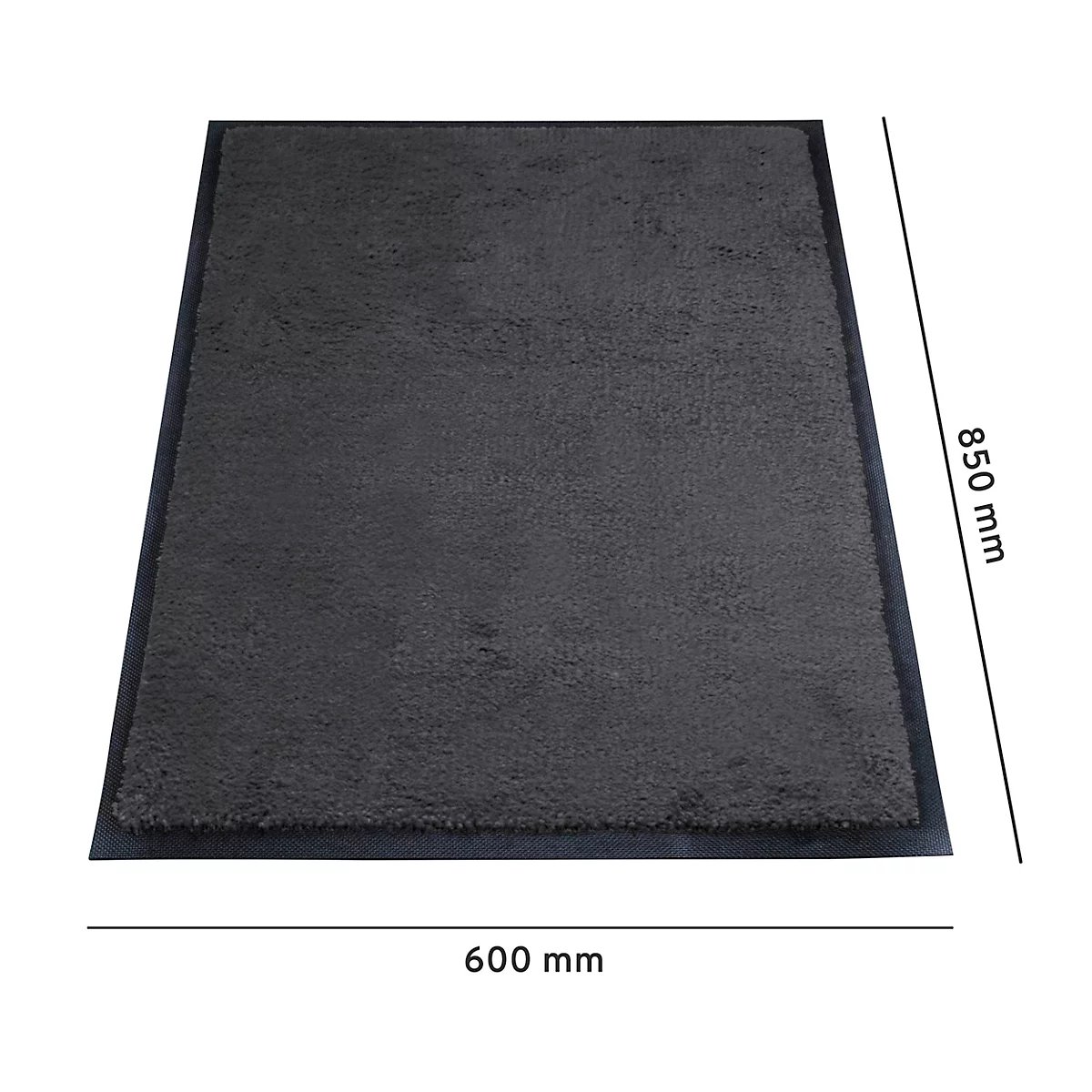Tapis gris foncé avec bordure bleu foncé, dimensions 600 mm x 850 mm.